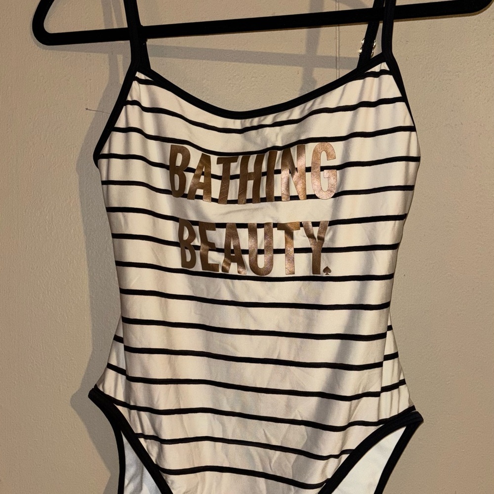 kate spade Black & White Striped One-Piece Swimsuit with Gold Logo